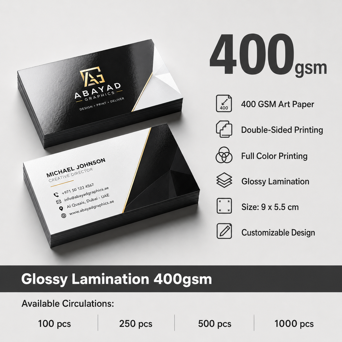 400 GSM Glossy Laminated Business Cards – Double Sided