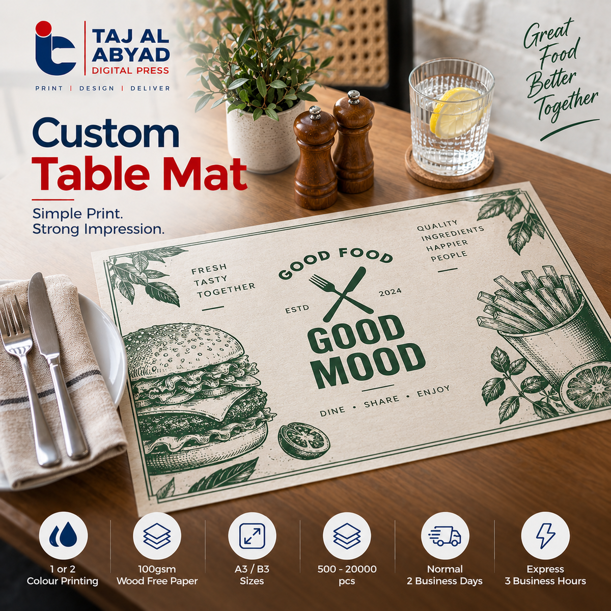 Table Mat – 1 or 2 Color, Wood Free 100gsm